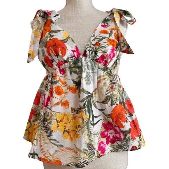 Chelsea & Violet Tropical Floral Linen Blend Babydoll Y2K Tie Straps Tank Top M - Picture 1 of 12